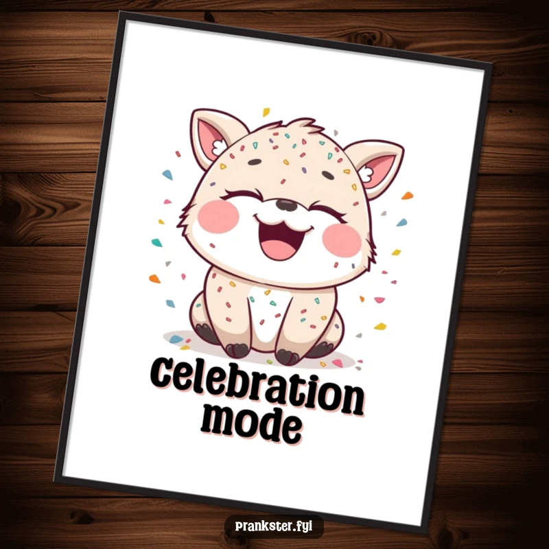 Funny digital art print of a laughing animal character covered in confetti, with mischievous sparkling eyes, embodying celebratory fun.