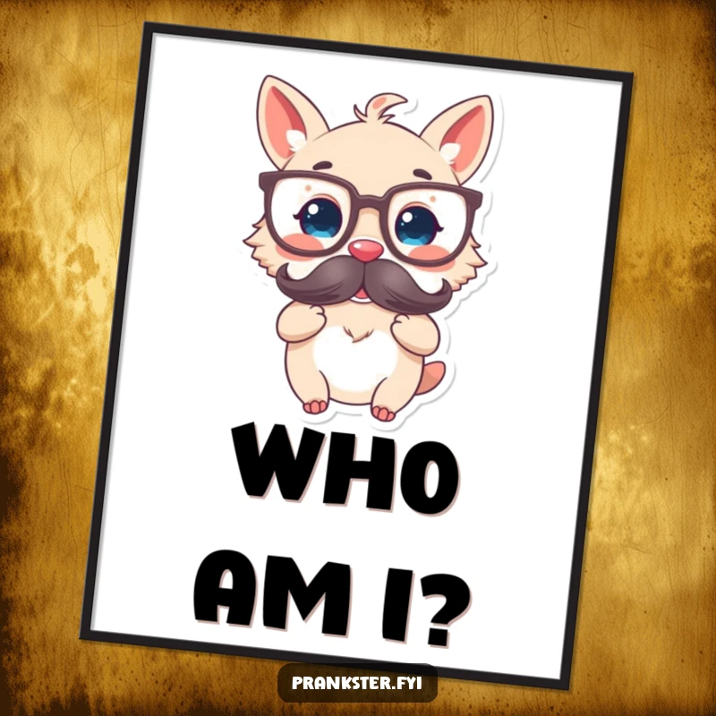 Funny digital art print of a delighted animal character in oversized glasses and holding a fake mustache, exuding quirky intelligence.