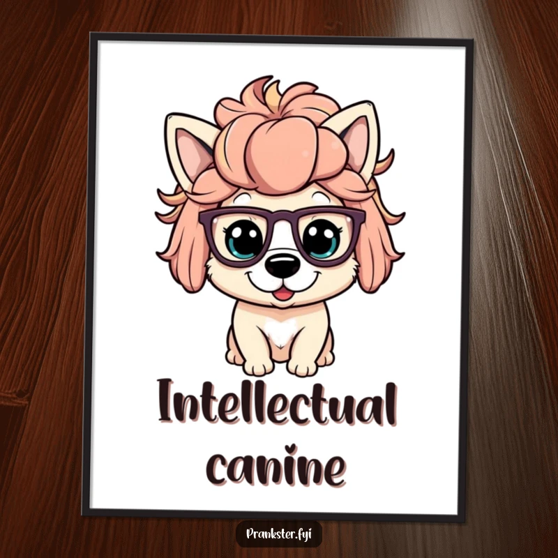 Funny digital art print of a playful dog character wearing a silly wig and oversized glasses, perfect for instant humorous decor.