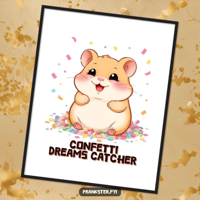 Funny Digital Art Print of a hamster gleefully giggling amidst a blizzard of confetti, capturing pure, unadulterated fun.