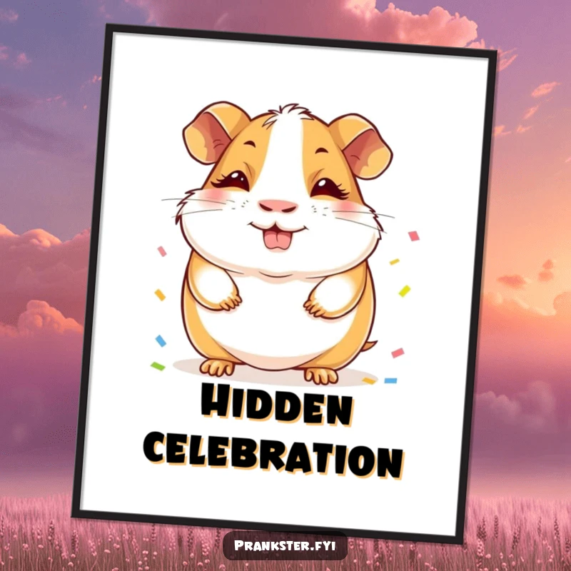 Funny Guinea Pig Digital Art Print: A cheerful guinea pig with a sly grin, concealing a delightful stash of confetti behind its back.