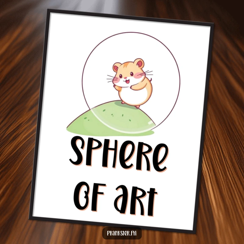 Funny Kawaii Hamster Digital Art rolling down a hill inside a giant plastic ball, high-resolution print to instantly add energetic pet humor and cuteness.