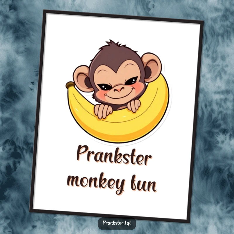 Mischievous monkey peeking behind a giant banana peel with a sly grin, available as a downloadable funny digital art print.