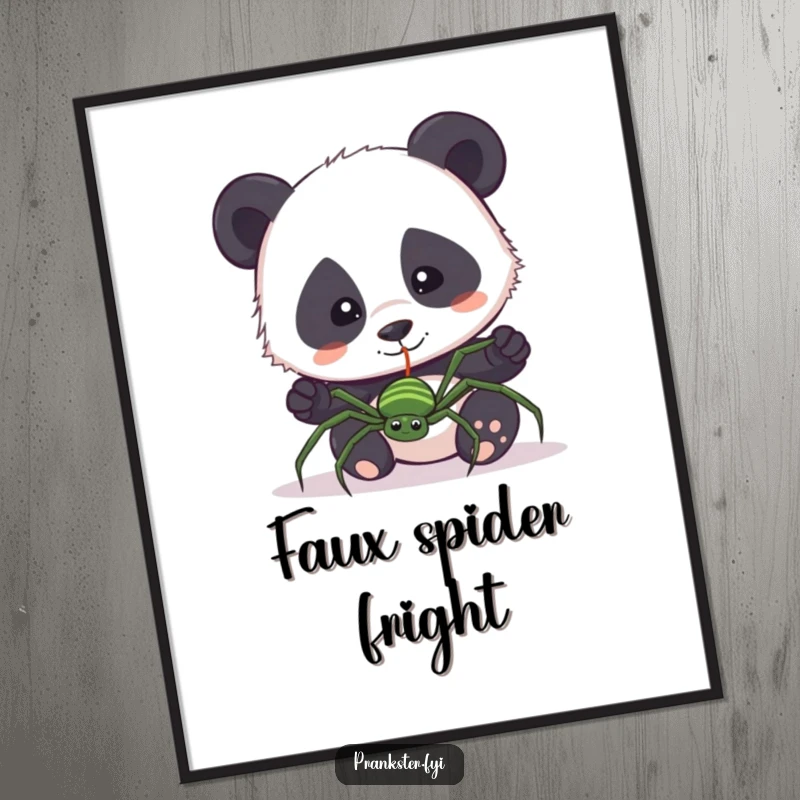 Funny digital art print of a curious panda accidentally pulling a fake spider on a string. Humorous and comical.