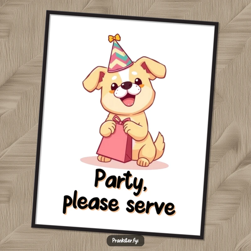 Funny digital art print of a dog in a party hat shaking a gift bag, radiating pure festive joy.