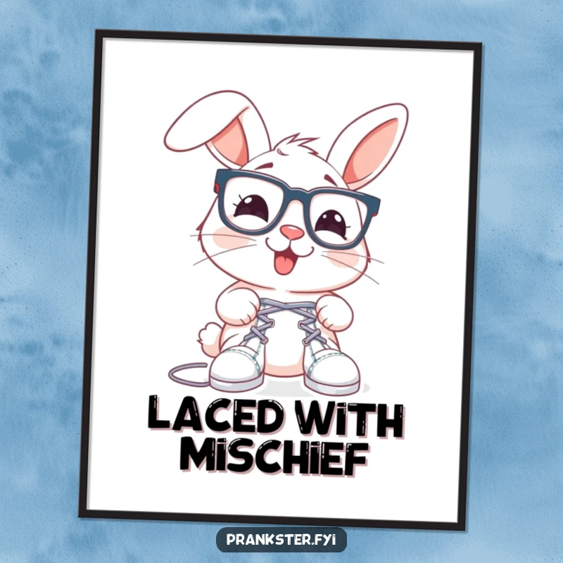 Funny rabbit digital art print with oversized spectacles, about to tie shoelaces together, ready for download.