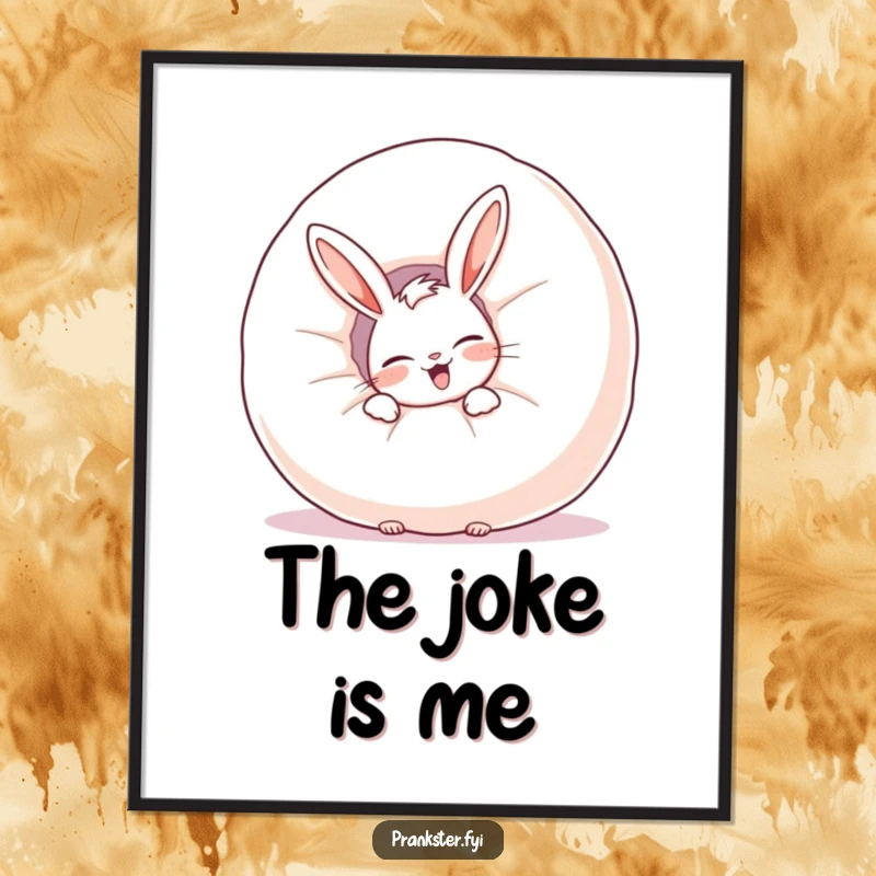 Funny digital art print of a giggling rabbit hiding behind a whoopee cushion, ready to bring instant humor.