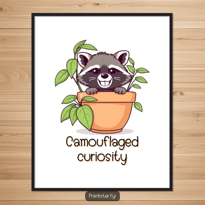 Funny raccoon in disguise peeking from behind a large potted plant, as a vibrant digital art print.