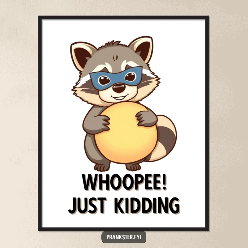 Funny raccoon digital art print, mischievous masked raccoon holding a whoopee cushion, humorous wall decor, printable gift.