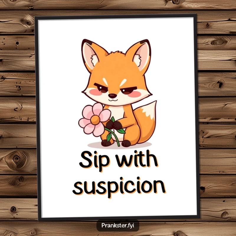 Funny digital art print of a sly fox wiggling its eyebrows and holding a fake flower, exuding playful intrigue.