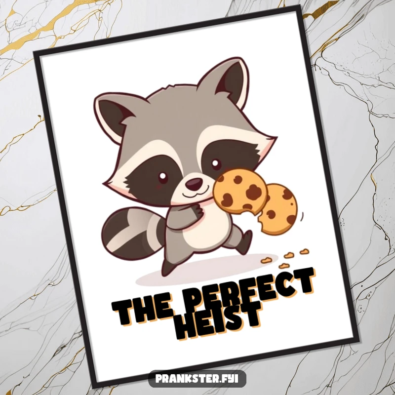 Funny digital art print of a sly cartoon raccoon sneaking away with a delicious cookie, leaving crumbs.