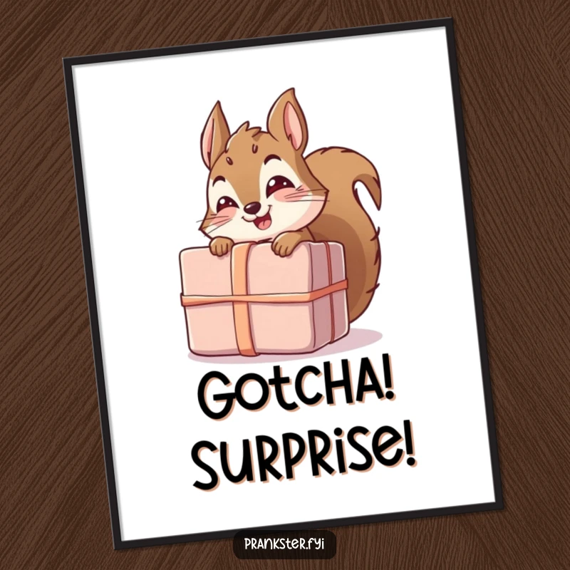 Funny digital art print of a giggling squirrel character peeking from behind a large, unwrapped gift, perfect for instant humorous decor.