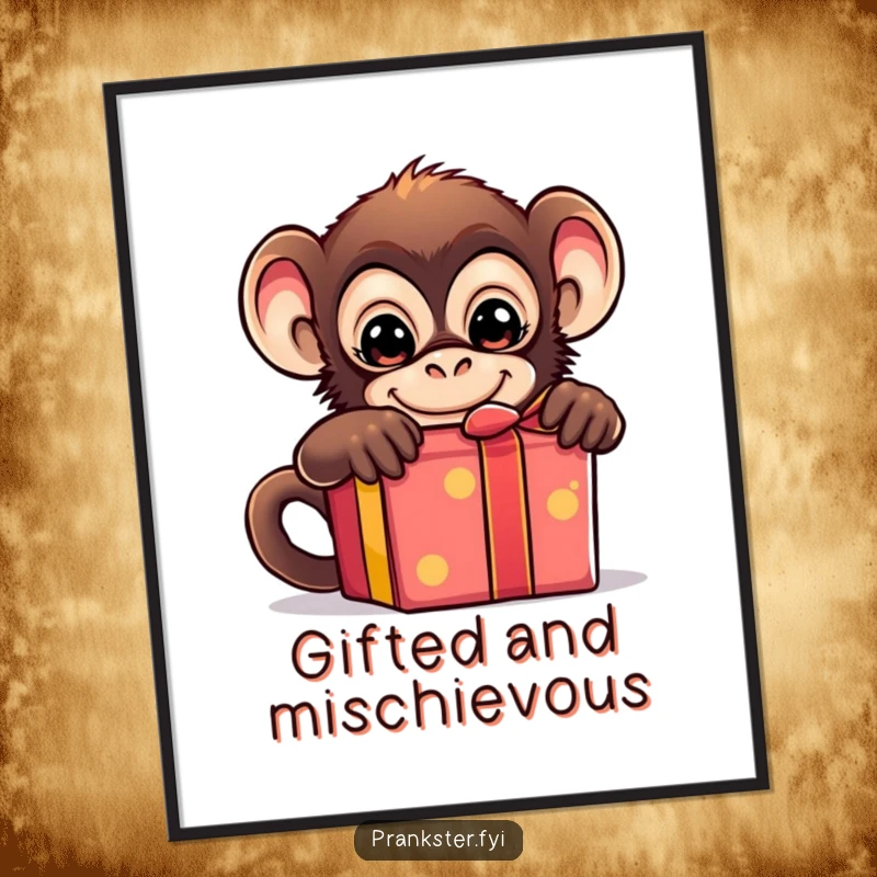 Funny digital art print of a mischievous monkey peeking from behind a gift box, ready to be printed and displayed.