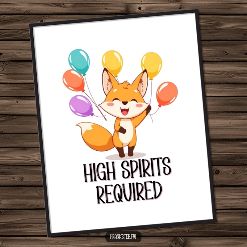 Funny digital art print of a happy fox character juggling colorful balloons with a wide smile, perfect for instant decor.