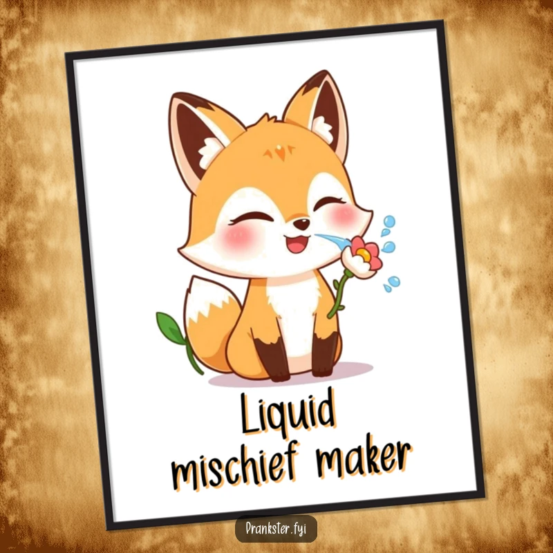 Funny fox digital art print of a giggling character winking and squirting water from a flower, for instant playfulness.
