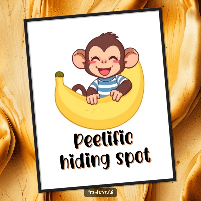 Funny monkey digital art print of a giggling monkey hiding behind a large banana peel, ready for download.