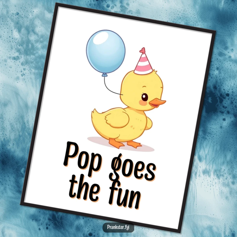 Funny Kawaii Duckling Digital Art: A duckling in a party hat is about to pop a balloon, full of exciting, humorous energy.