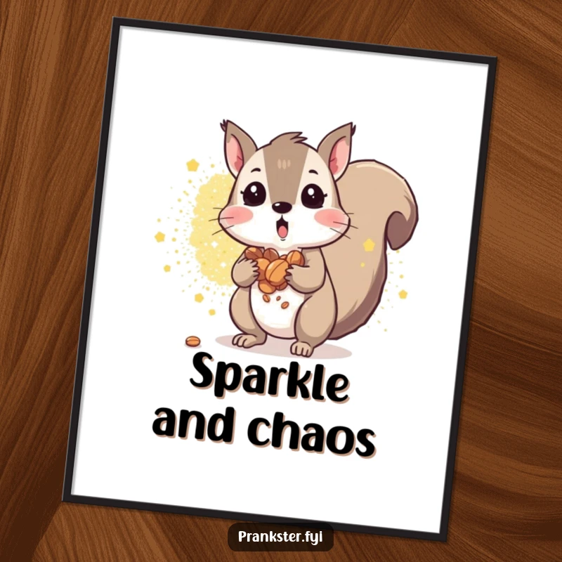 Funny squirrel digital art print of a surprised squirrel spilling nuts with a glitter explosion. Cheerful decor.