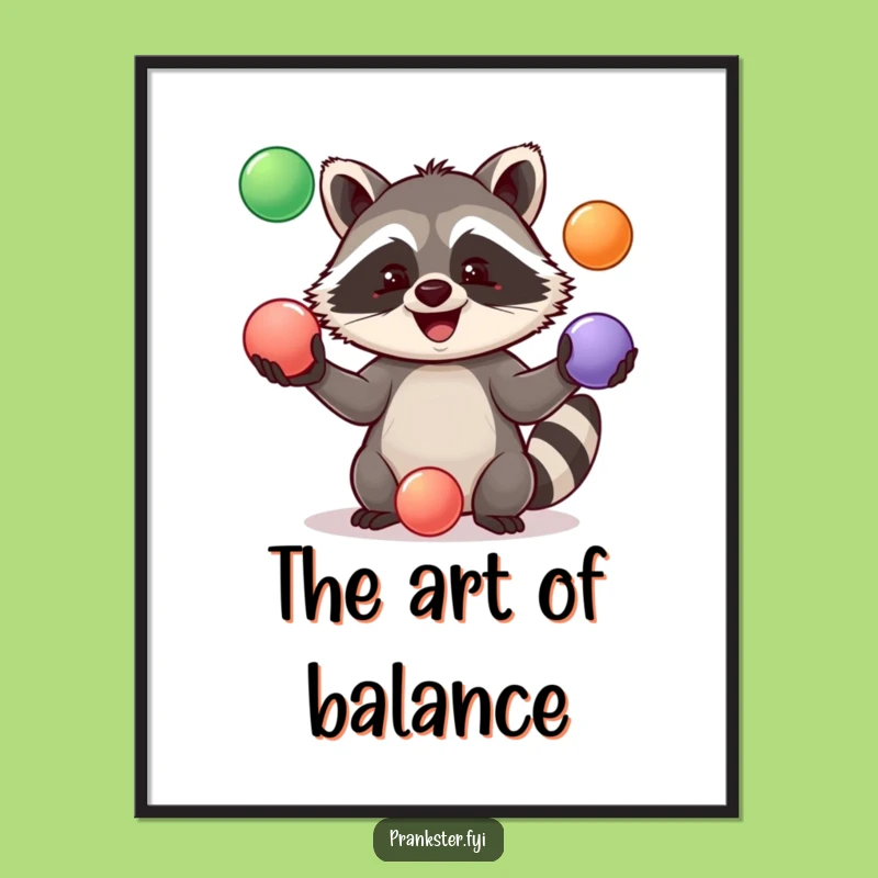 Funny Jolly Raccoon Juggling Digital Art Print - Instant Hilarious Decor