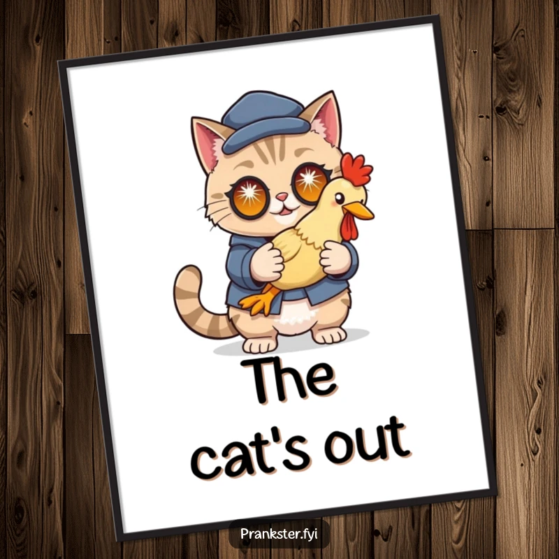 Funny digital art print of a cunning cat in disguise holding a rubber chicken with sparkling eyes, evoking mystery.