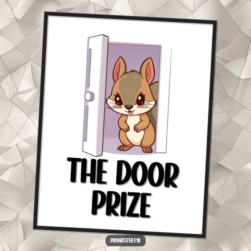 Funny digital art print of a sneaky squirrel peeking from a partially opened door, ready for immediate printing.