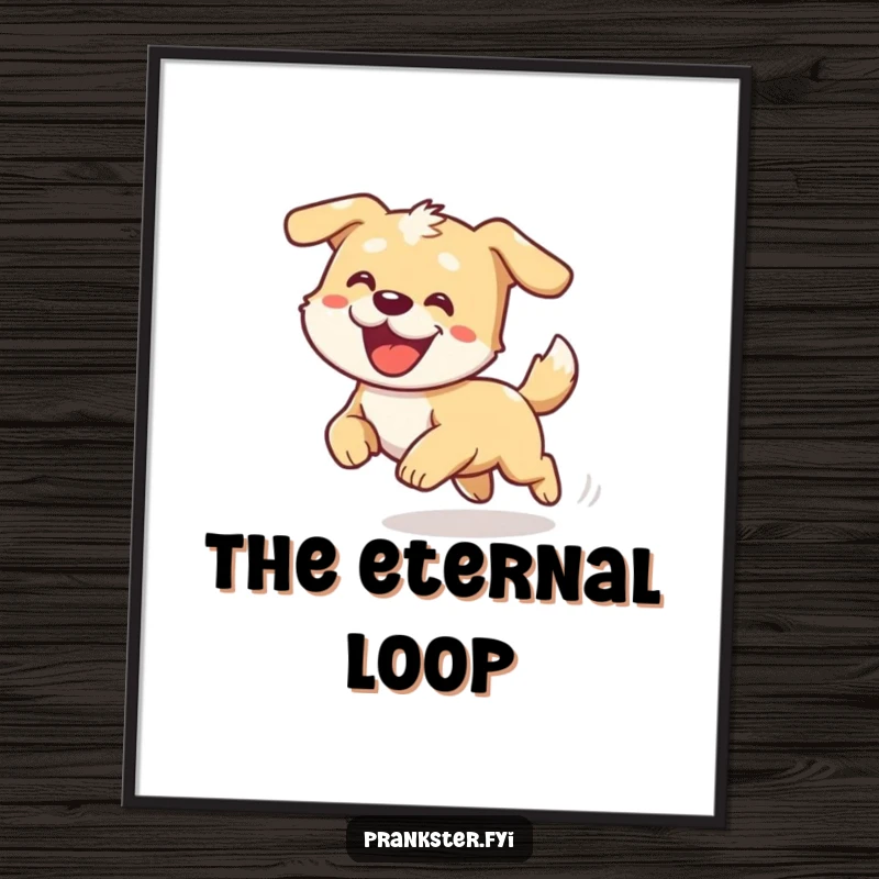 Funny digital art print of a cartoon dog comically dizzy, chasing its tail in a fun circle.