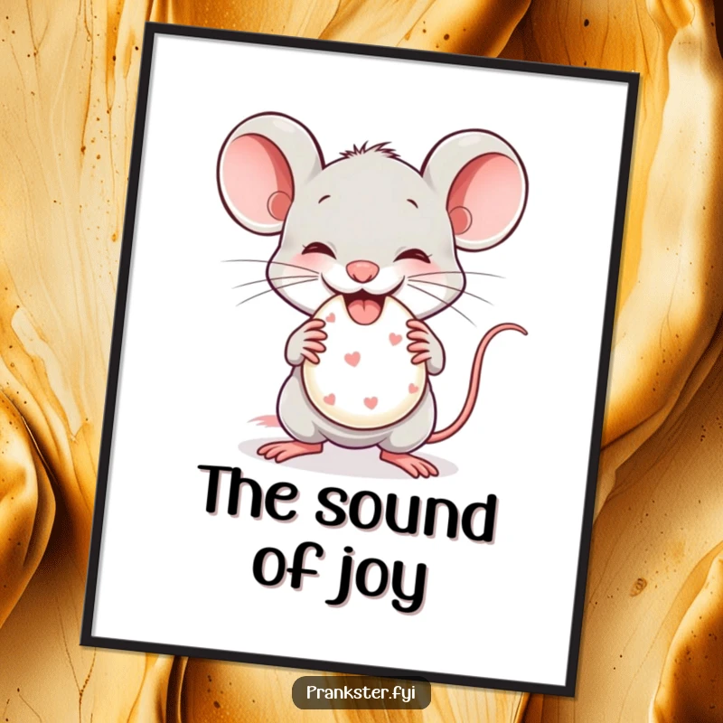 Funny Digital Art Print of a mischievous mouse gleefully holding a tiny whoopee cushion, conveying pure playful prankster energy.