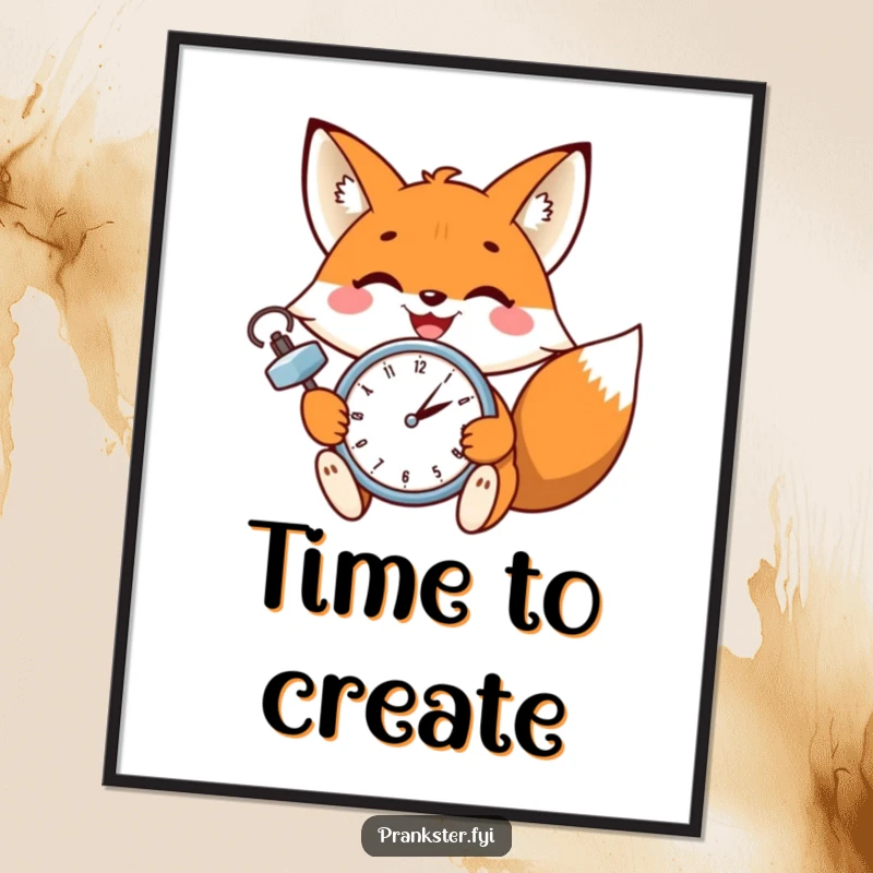 Funny digital art print of a grinning fox winking while setting a tiny clock, a humorous and downloadable artwork.