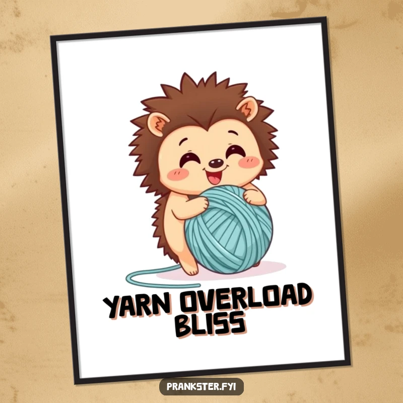 Funny digital art print of a joyful hedgehog rolling a large ball of yarn, radiating happiness and crafting delight.