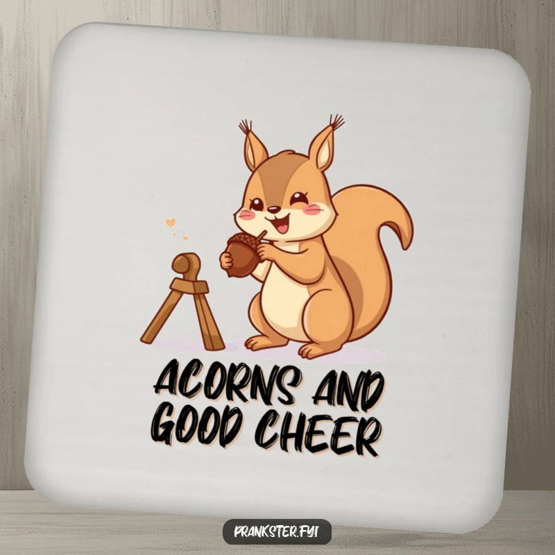 Funny coaster with a gleeful squirrel launching an acorn from a slingshot, a small and humorous addition to tabletops.