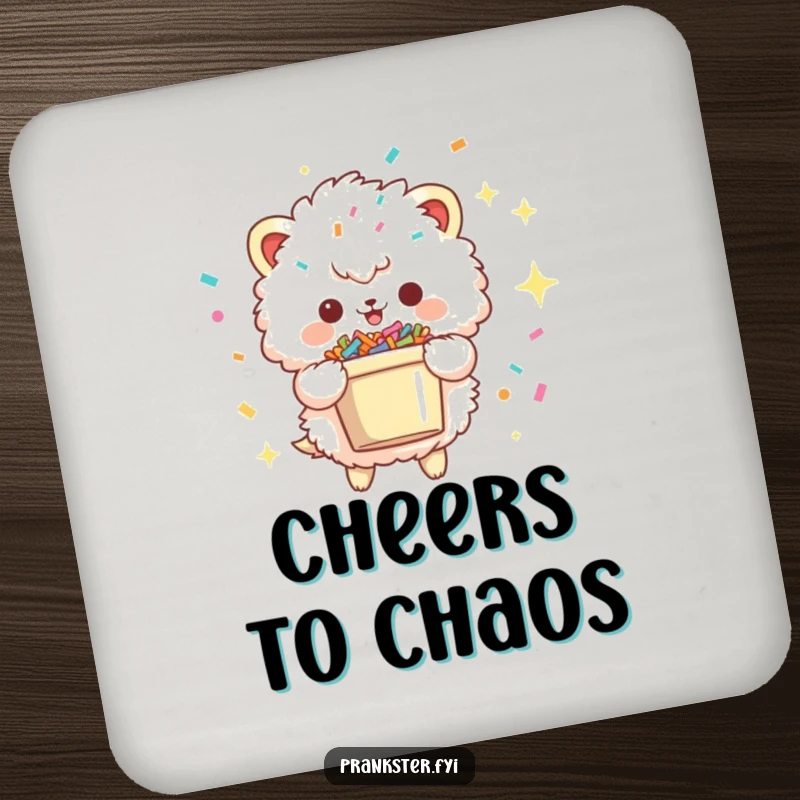 Funny drink coaster with a fluffy creature, mischievous sparkle, and a confetti bucket, protecting surfaces while adding a festive, playful touch.
