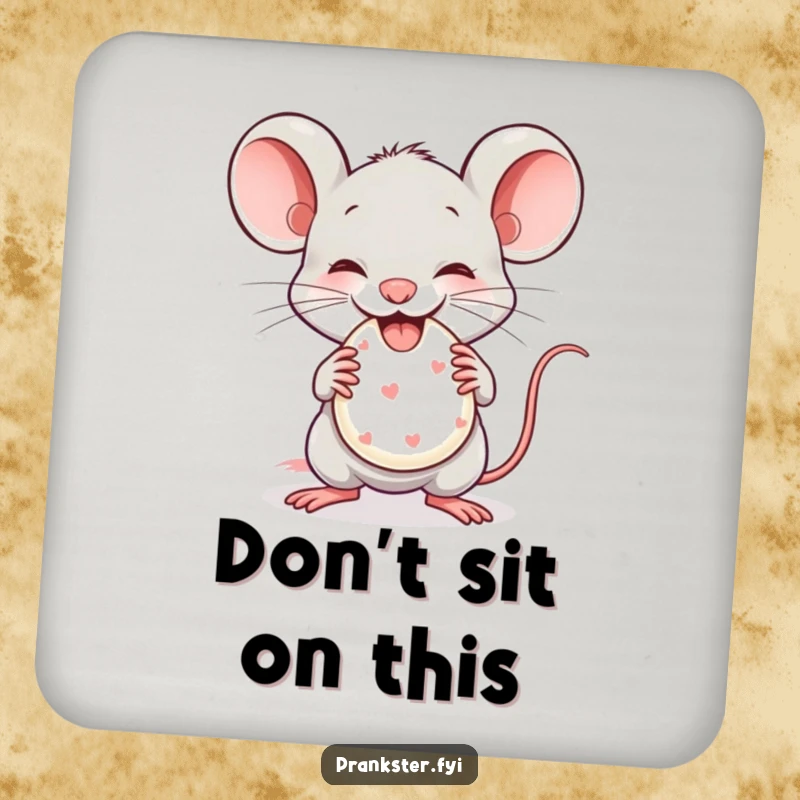 Funny Coaster featuring a mischievous mouse gleefully holding a tiny whoopee cushion, providing protection with a humorous touch.