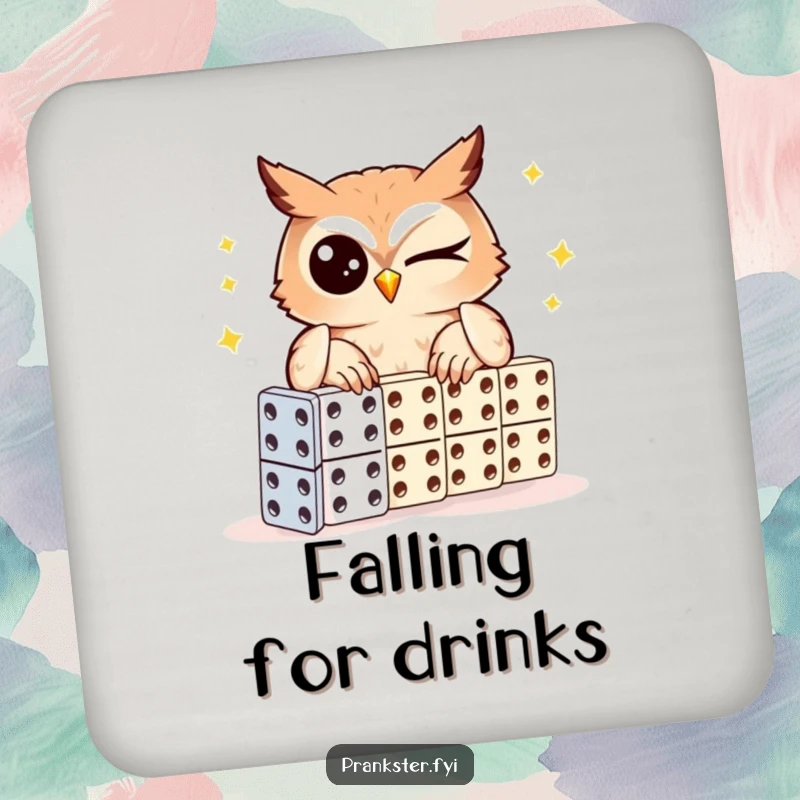 Funny owl coaster, winking owl setting up dominoes, protecting surfaces with cleverness and humor.