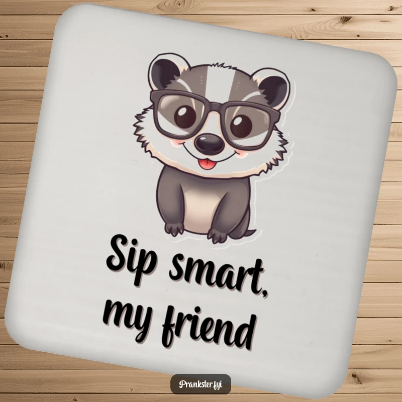 Funny Coaster featuring a happy badger wearing comically large glasses, providing both protection and a smart smile.