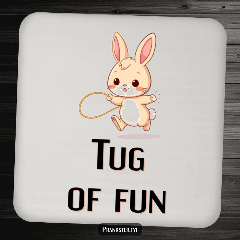 Funny bunny coaster, playful rabbit hopping, string tied to tail, protecting surfaces with cuteness and humor.