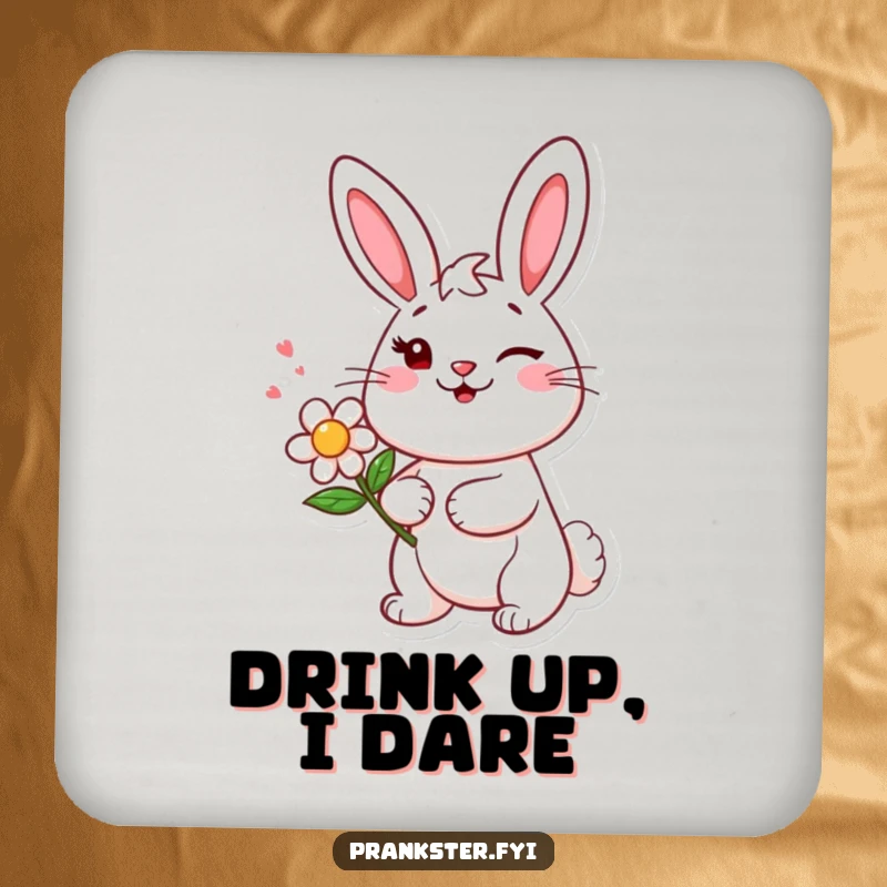 Funny drink coaster featuring a cheerful bunny character winking mischievously, holding a squirting flower, adding humorous surface protection.