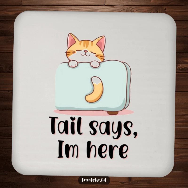 Funny drink coaster with a giggling cat's tail peeking out, adding a humorous touch to beverage protection.