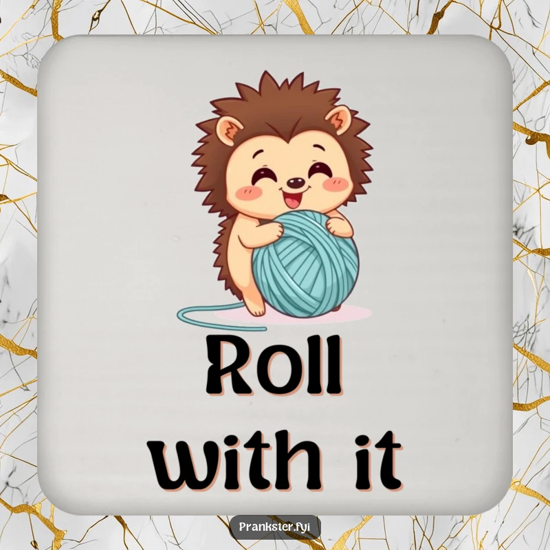 Funny coaster depicting a happy hedgehog rolling a ball of yarn, adding a touch of cozy charm to any table.