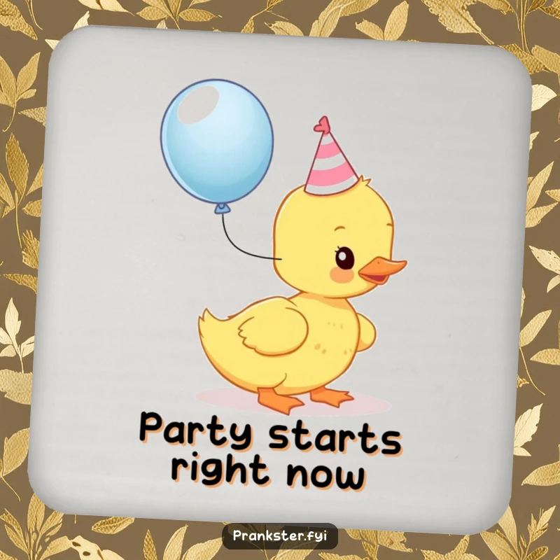 Funny Kawaii Duckling Coaster: A duckling in a party hat is about to pop a balloon, offering humorous protection for your surfaces.