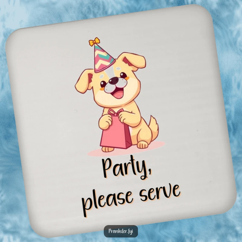 Funny drink coaster with a party dog shaking a gift bag, adding a humorous touch to surface protection.