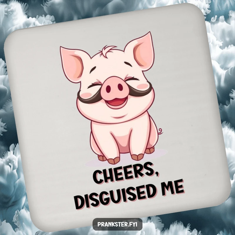 Funny coaster featuring a giggling piglet wearing a fake mustache and a silly grin, adding humorous charm to tabletops.