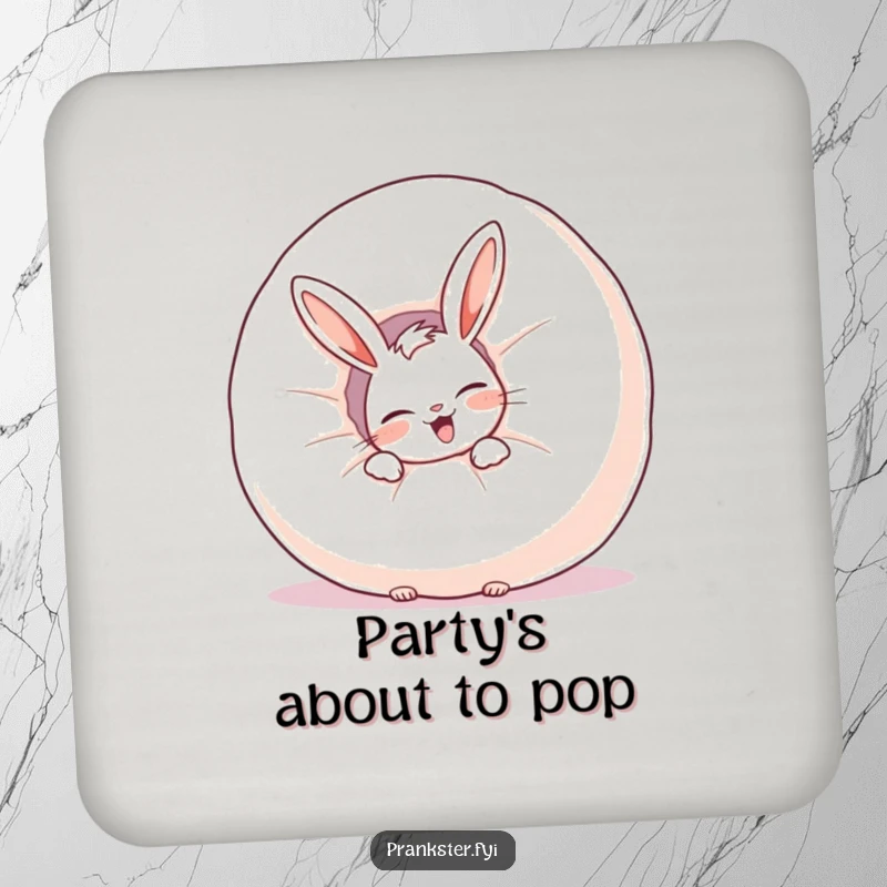 Funny drink coaster set featuring a giggling rabbit hiding behind a whoopee cushion, adding humor to gatherings.