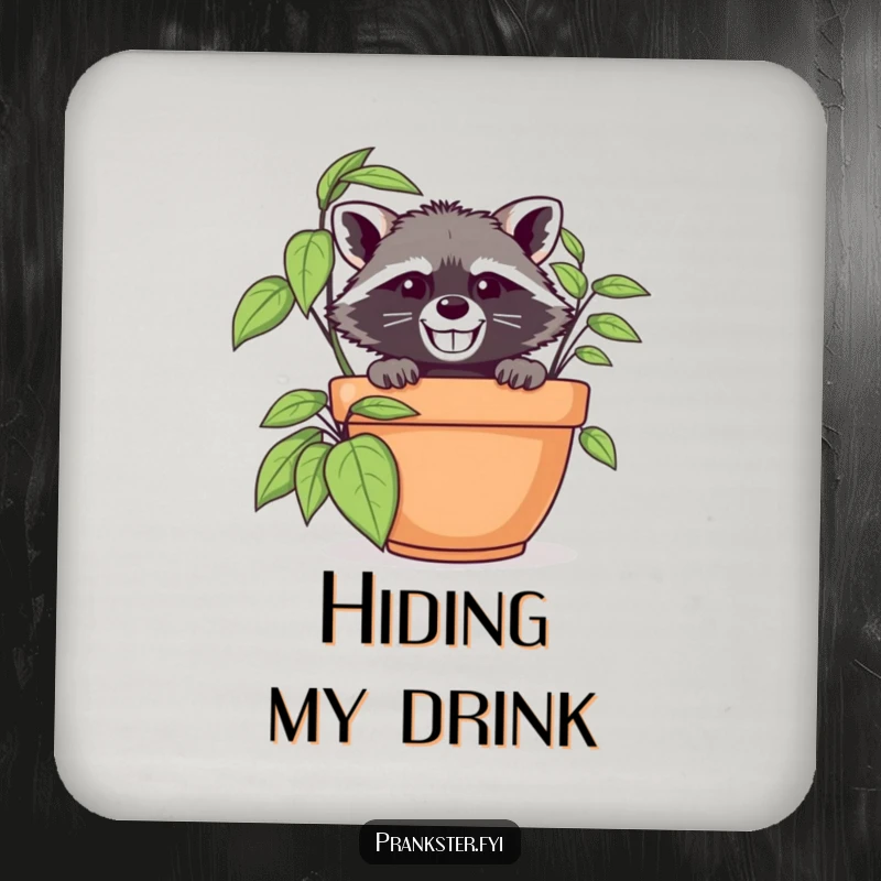 Funny raccoon in disguise peeking from behind a large potted plant, bringing playful mystery to a protective drink coaster.
