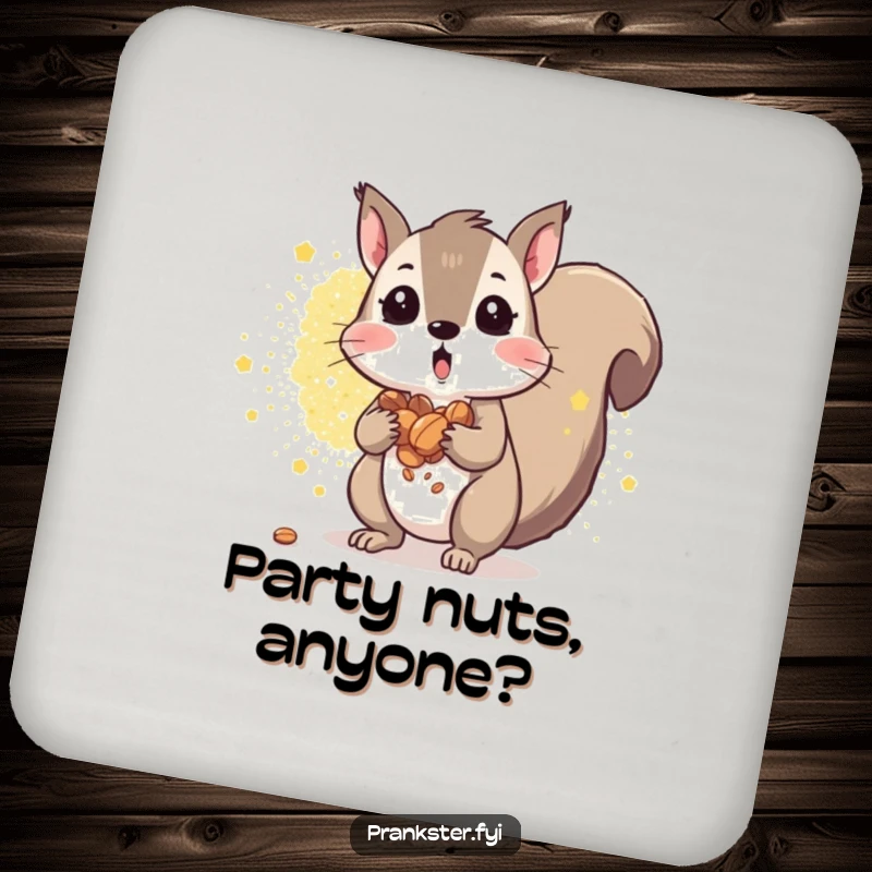 Funny squirrel coaster showing a surprised squirrel spilling nuts with glitter. A quirky gift.