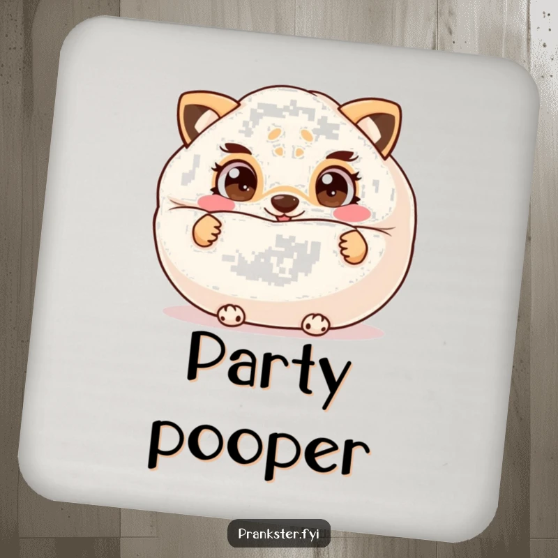 Funny drink coaster featuring a cheeky animal peeking from behind a whoopee cushion, its mischievous eyes ready for fun.