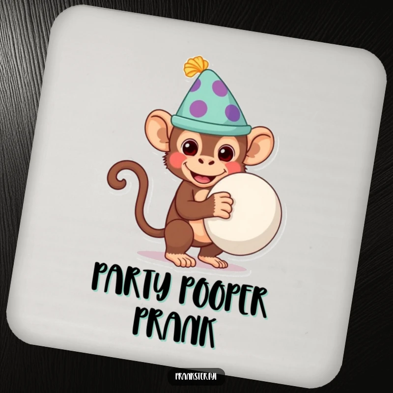 Funny monkey wearing a silly hat, hiding a whoopee cushion, bringing playful humor to a protective drink coaster.