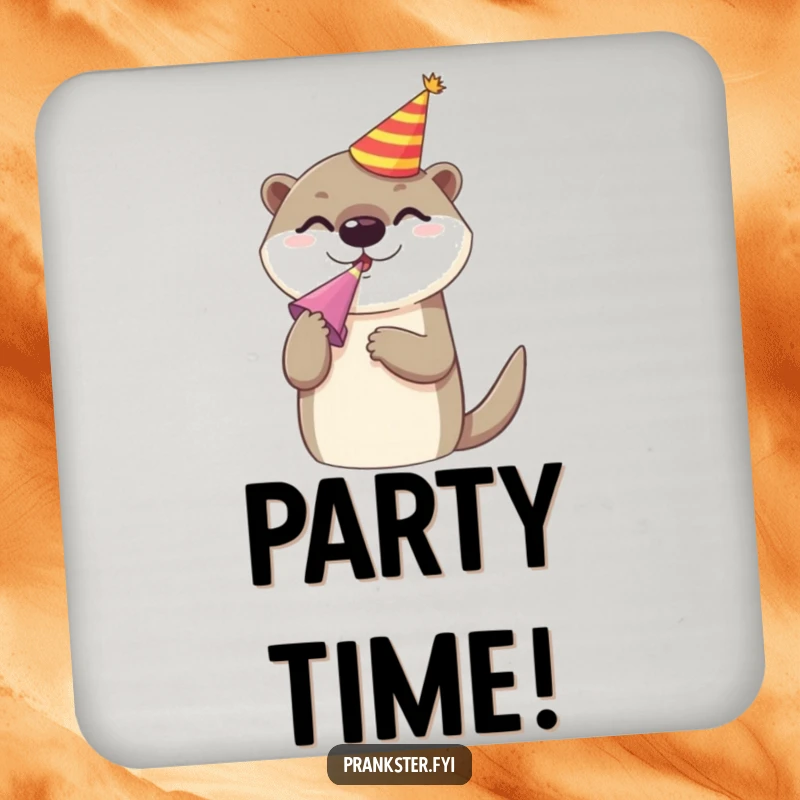 Funny drink coaster showcasing a cheerful otter in a party hat, blowing a noise maker, protecting surfaces with festive flair.