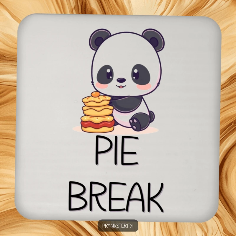 Funny drink coaster featuring a playful panda struggling to balance a stack of pies, adding charm and protection to your surfaces.