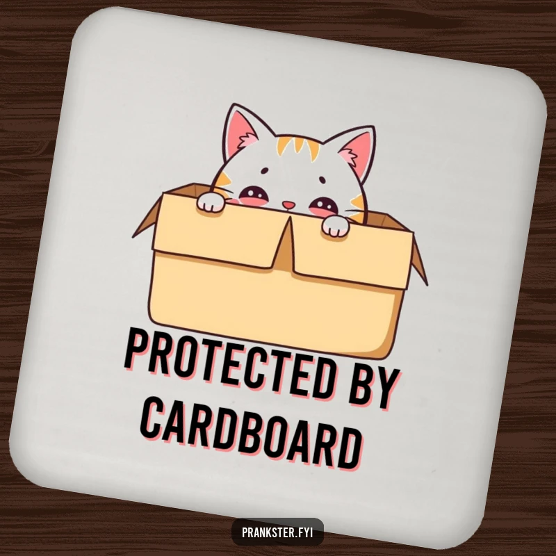 Funny drink coaster featuring a delighted cat character hiding in a box, with only its eyes visible.