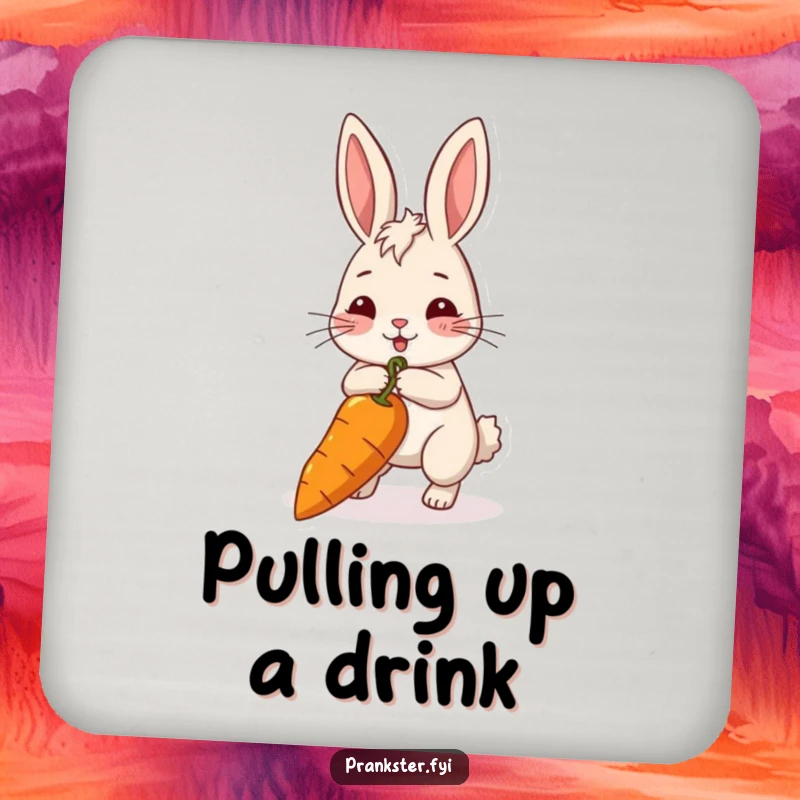 Funny rabbit coaster showing a rabbit pulling a long string attached to a carrot. A quirky gift.
